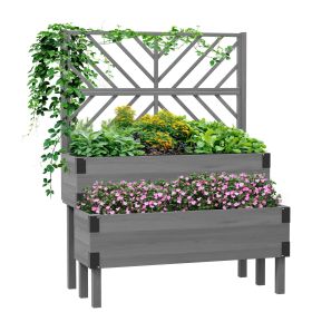 2-Tier Wooden Garden Box, with Legs and Metal Corners, Drainage Holes, Solid Wood for Vegetables, Flowers, Herbs, Gray