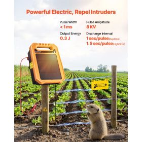 Solar Fence Charger, 0.3J 8 kV Solar Powered Fence Charger, 1.86 Miles Range, Weather-Resistant Electric Fence Energizer Kit, 7 Days Runtime