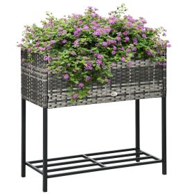 Portable Steel Raised Garden Bed, Rattan Look with Legs and Tool Shelf, for Herbs Vegetables Flowers, Gray