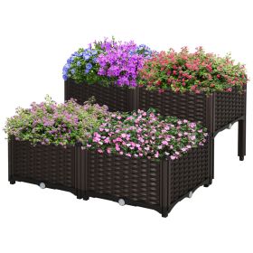 4 Piece Plastic Garden Bed, with Legs and Drainage Hole, Self-Watering and DIY, to Grow Flowers, Herbs & Vegetables, Brown