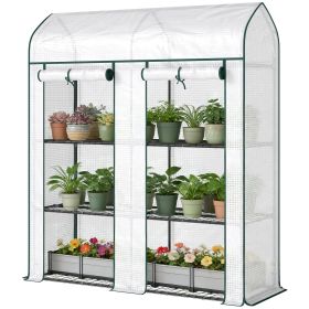 3 Tier Mini Greenhouse, Small Portable Greenhouse with 2 Roll-up Doors, 56.3" x 18.1" x 65", White