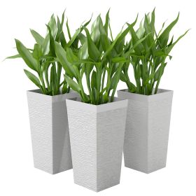 22.8 Inch Set of 3 Outdoor Planters with Stone Finish and Wheels, Stackable Tapered Planters with Drainage Hole, White