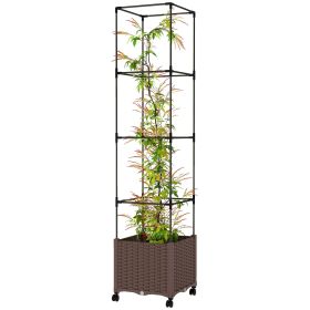 Raised Garden Bed with Trellis, Tomato Cage with Lockable Wheels, Self Watering Planter Box with Drainage Holes, Brown