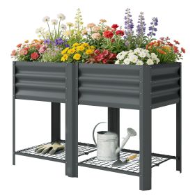 Raised Garden Bed Galvanized Steel, Elevated Planter Box with Storage Shelf, Bed Liner, 31.5" High, Dark Gray