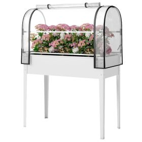 Raised Garden Bed with Flip-Up Greenhouse Cover, Metal Elevated Garden Bed with Legs and Drainage Hole, White
