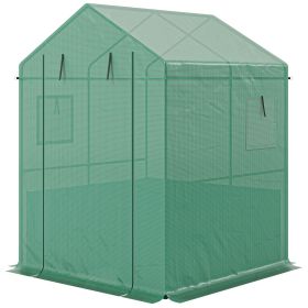 Greenhouse with Raised Garden Bed, Galvanized Steel Outdoor Greenhouse with Roll Up Door, 56" x 56" x 75", Green