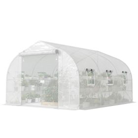 10'x11'x6' Walk-in Tunnel Greenhouse with Shelves, Mesh Door and Windows, Plant Hot House with PE Cover, White