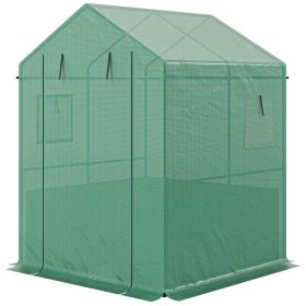 Greenhouse with Raised Garden Bed, Galvanized Steel Outdoor Greenhouse with Roll Up Door, 56" x 56" x 75", Dark Gray
