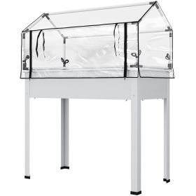Elevated Garden Box with Greenhouse Cover, Raised Garden Bed with Legs and Drainage Hole for Vegetables, White