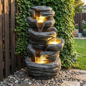 Outdoor Waterfall Fountain With Lights Stacked Rock Cascading Water Feature Resin Garden Decor For Patio Yard Porch Landscape (Option: Gray)