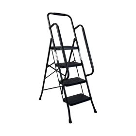 4 Step Ladder, Folding Step Stool with Wide Anti-Slip Pedal, Sturdy Steel Ladder, Convenient Handrail, Lightweight, Portable Steel Step Stool (Option: Black)