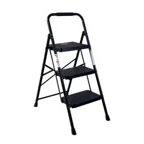 3 Step Ladder, Folding Step Stool with Wide Anti-Slip Pedal, Sturdy Steel Ladder,  Lightweight, Portable Steel Step Stool (Option: Black)