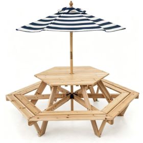 6-Seat Hexagonal Kids Picnic Table With Umbrella, Solid Fir Wood Outdoor Table & Bench Set For Backyard Garden, Age 3-8 (Option: default)