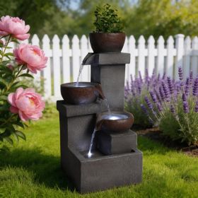 Outdoor Water Fountain Tiered Cascading Jar Waterfall Resin Garden Patio Decor With LED Lights (Option: Gray)