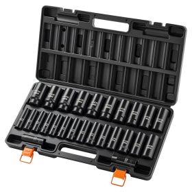 Impact Socket Set, 1/2" Drive, 26-Piece Impact Sockets, 6-Point Sockets, Metric 10-30 Mm, 32-36 Mm, Easy To Identify, With A Sturdy Storage Case, (Option: default)