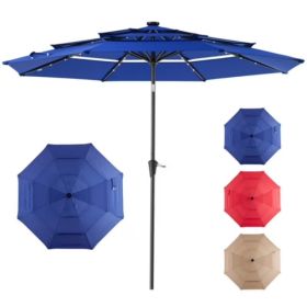 10 FT 3-Layer Solar Patio Umbrella, 32 LED Lights Market Umbrella With Adjustable Tilt, 8-Rib Outdoor Sunshade For Backyard, Deck And Poolside，Na (Option: default)