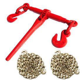 Ratchet tensioner with chain, cargo securing device - 3/8" G80 Tow Chain Bridle with Hooks, 14FT Heavy Duty Alloy Steel Recovery Chain Sling (Option: Red,Yellow)