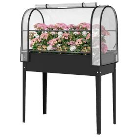 Raised Garden Bed with Flip-Up Greenhouse Cover, Metal Elevated Garden Bed with Legs and Drainage Hole, Black (Title: Default Title)