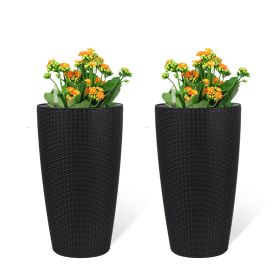 Set of 2 Faux Rattan Tall Planters Outdoor Indoor Large Planters with Water Level Monitor Inner Bucket, Automatic Watering (Color: as Pic)