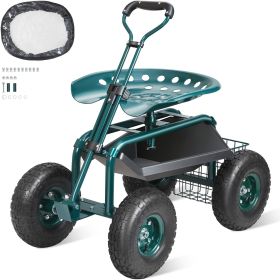 Garden Cart Rolling Workseat with Wheels, Gardening Stool for Planting, 360 Degree Swivel Seat, Wagon Scooter with Steering Handle & Utility Tool (Color: Green)