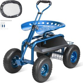 Garden Cart Rolling Workseat with Wheels, Gardening Stool for Planting, 360 Degree Swivel Seat, Wagon Scooter with Steering Handle & Utility Tool (Color: Blue)
