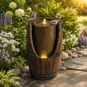 Outdoor Barrel Water Fountain With Lights Rustic Wood Look Resin Handmade Waterfall Garden Decor For Patio Yard Porch (Option: Brown Gray)