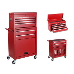 Tool Chest, 8-Drawer Rolling Tool Storage Cabinet with 2 in 1 Detachable Top Tool Box, Liner, Lockable Wheels, Side Hooks,Metal Tool Cart for Gar (Option: Red)