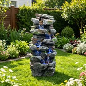 Rock Waterfall Outdoor Fountain With LED Lights Stone Garden Fountains Outdoor For Patio Lawn Cascading Tiered Outdoor Water Fountain (Option: Gray)