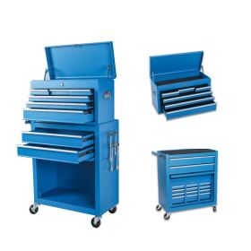 Tool Chest, 8-Drawer Rolling Tool Storage Cabinet with 2 in 1 Detachable Top Tool Box, Liner, Lockable Wheels, Side Hooks, Metal Tool Cart for Ga (Option: Blue)